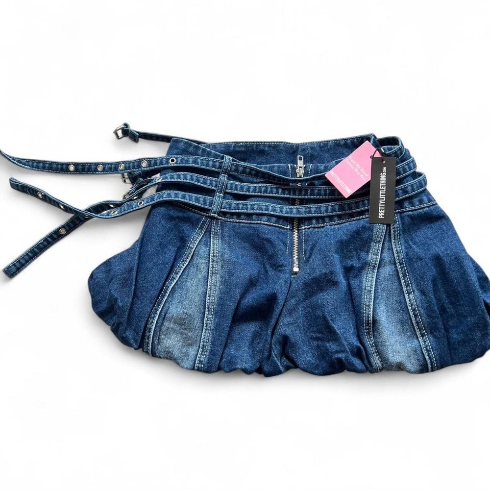 Indigo Buckle Detail Denim Puffball Mini Skirt - Picture 3 of 5